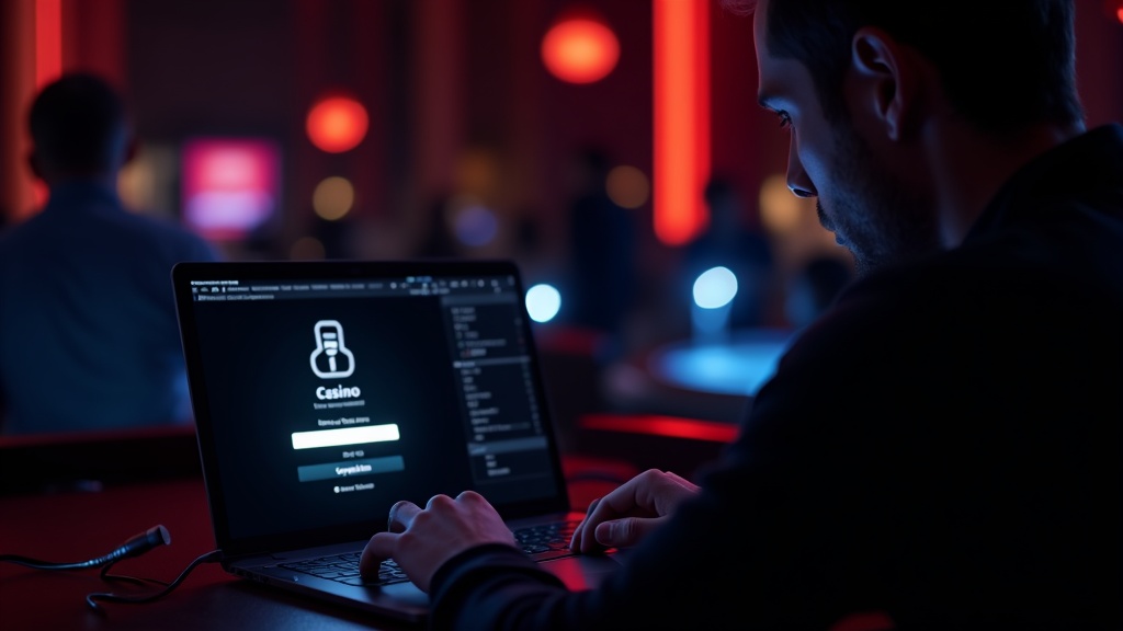 A laptop showing a casino login screen in a dark neon-lit room