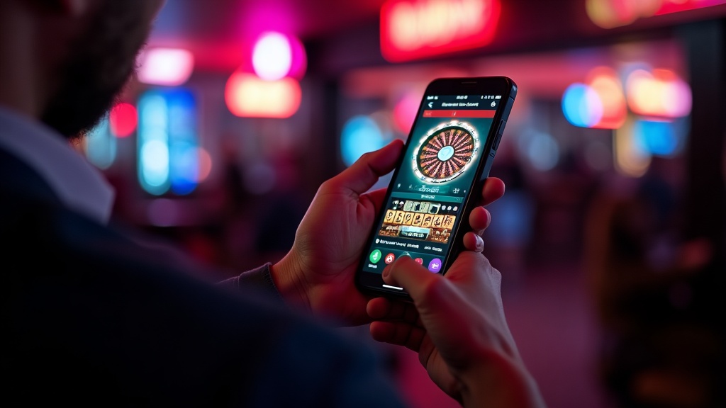 Player using a smartphone for casino games in a neon-lit lounge