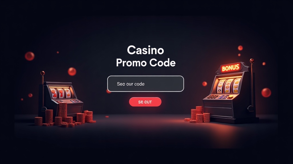 Promo code field beside glowing slot machine and bonus ticket graphics
