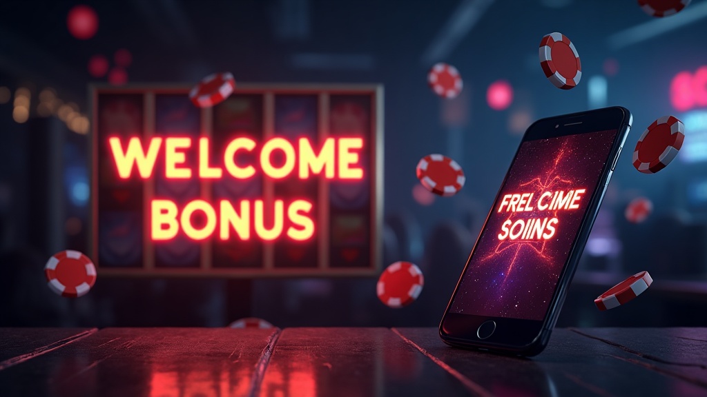 Casino welcome bonus banner with free spin icons and slot reels